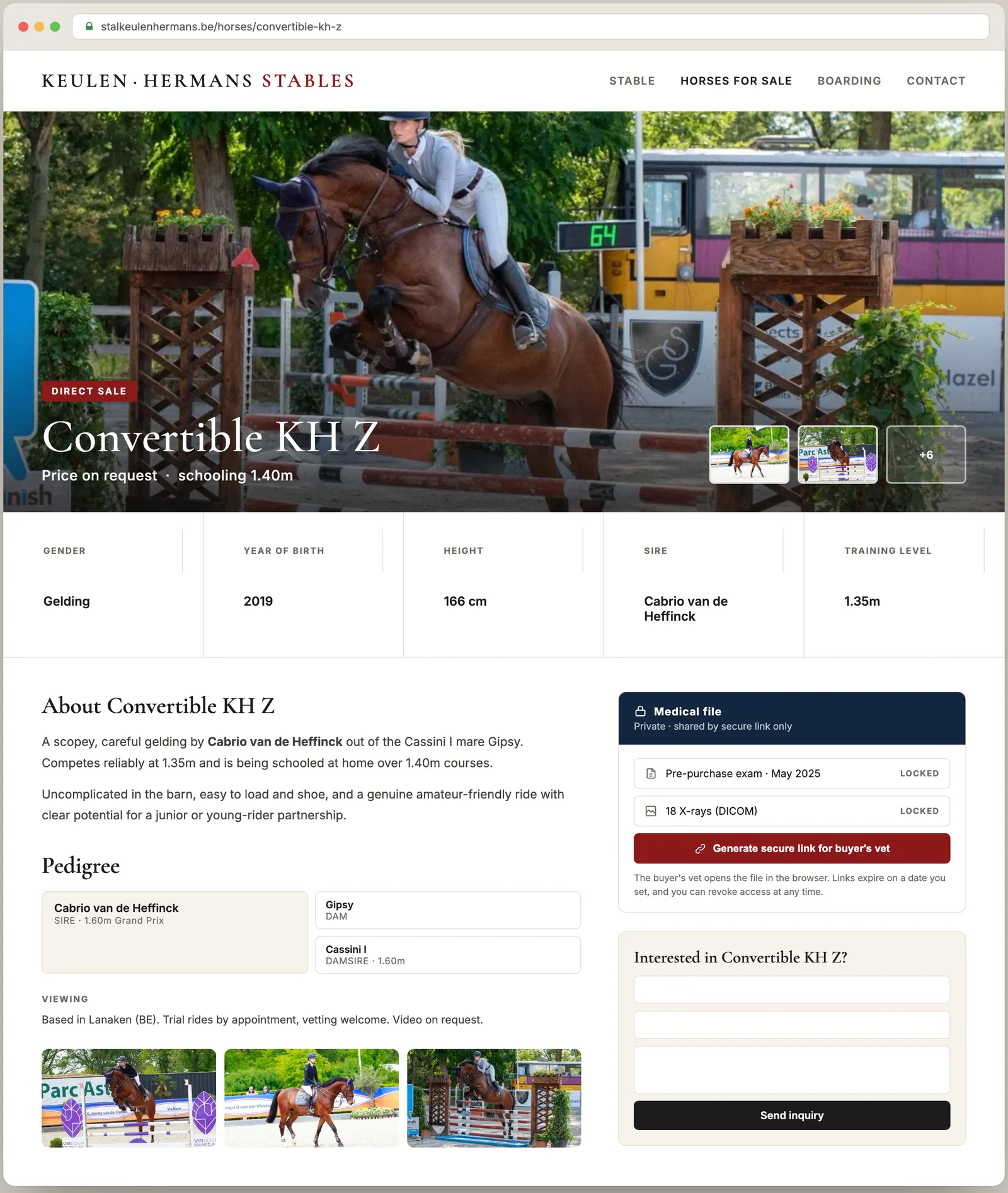 A horse sales listing for Convertible KH Z on the stable's own branded website, with photos, pedigree, and a private medical file panel for sharing X-rays with a buyer's vet